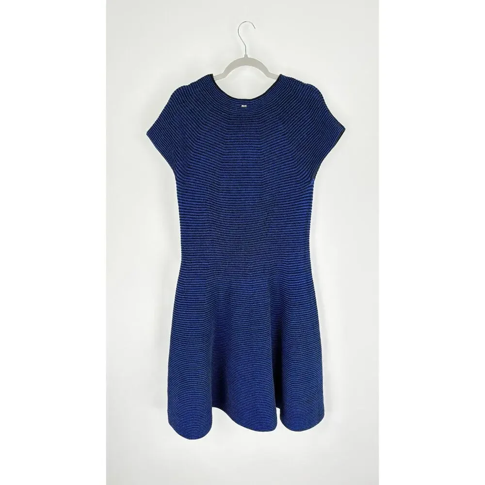 Escada Womens Blue Short Cap Sleeve A Line Dress Round Neck Knit Size XL Black
